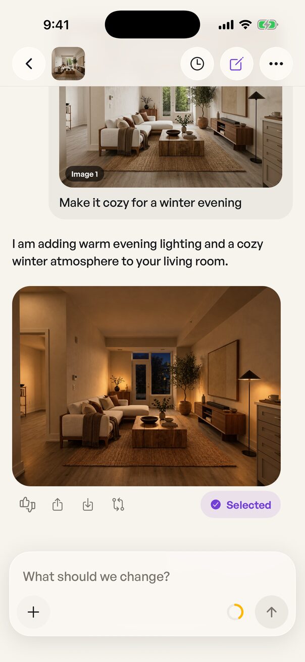 Design Chat in the app: under the request, Instaroom AI replies that it is adding warm evening lighting and a cozy winter atmosphere, and shows the same living room at dusk with lamps on, marked Selected.
